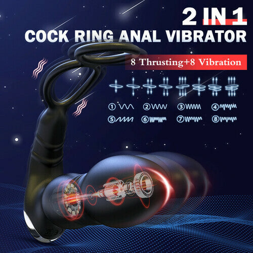 2 In 1 8 Thrusting 8 Vibration Cock Ring Anal Vibrator