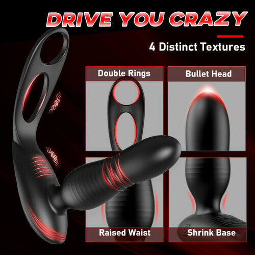 Alfred Low Noise 10 Thrusting Vibrating Double Cock Rings Silicone Prostate Massager